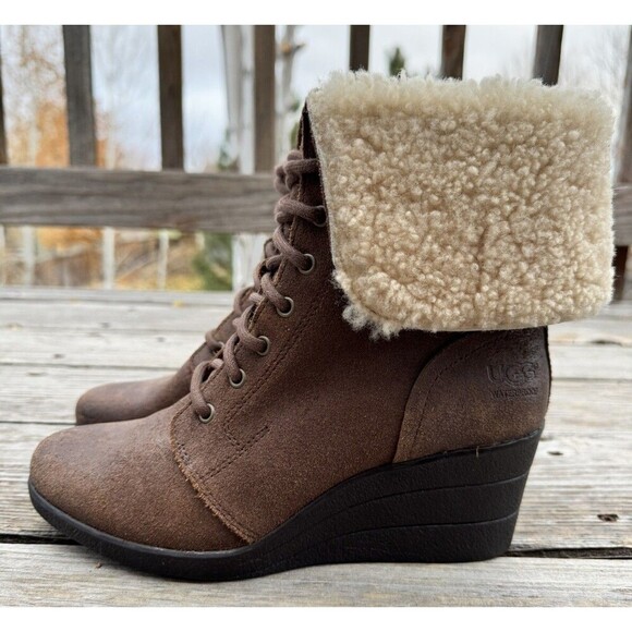 UGG Zea Women’s 7 Wedge Winter Lace Up Ankle Boots Booties 1003360 - Brown - Picture 3 of 10